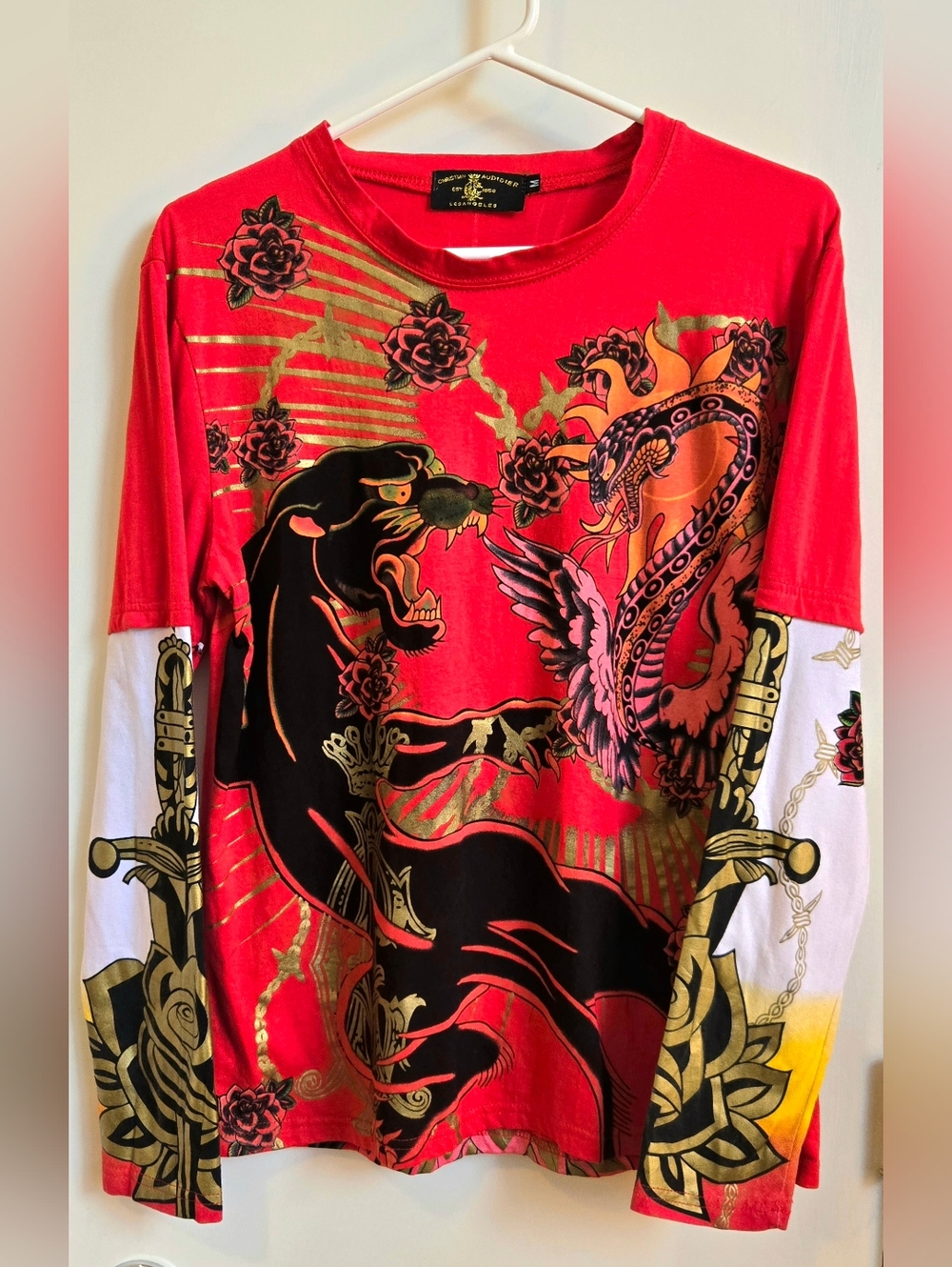 Christian Audigier Vintage Y2K Long Sleeve Tattoo Graphic Tee Panther & Dragon
